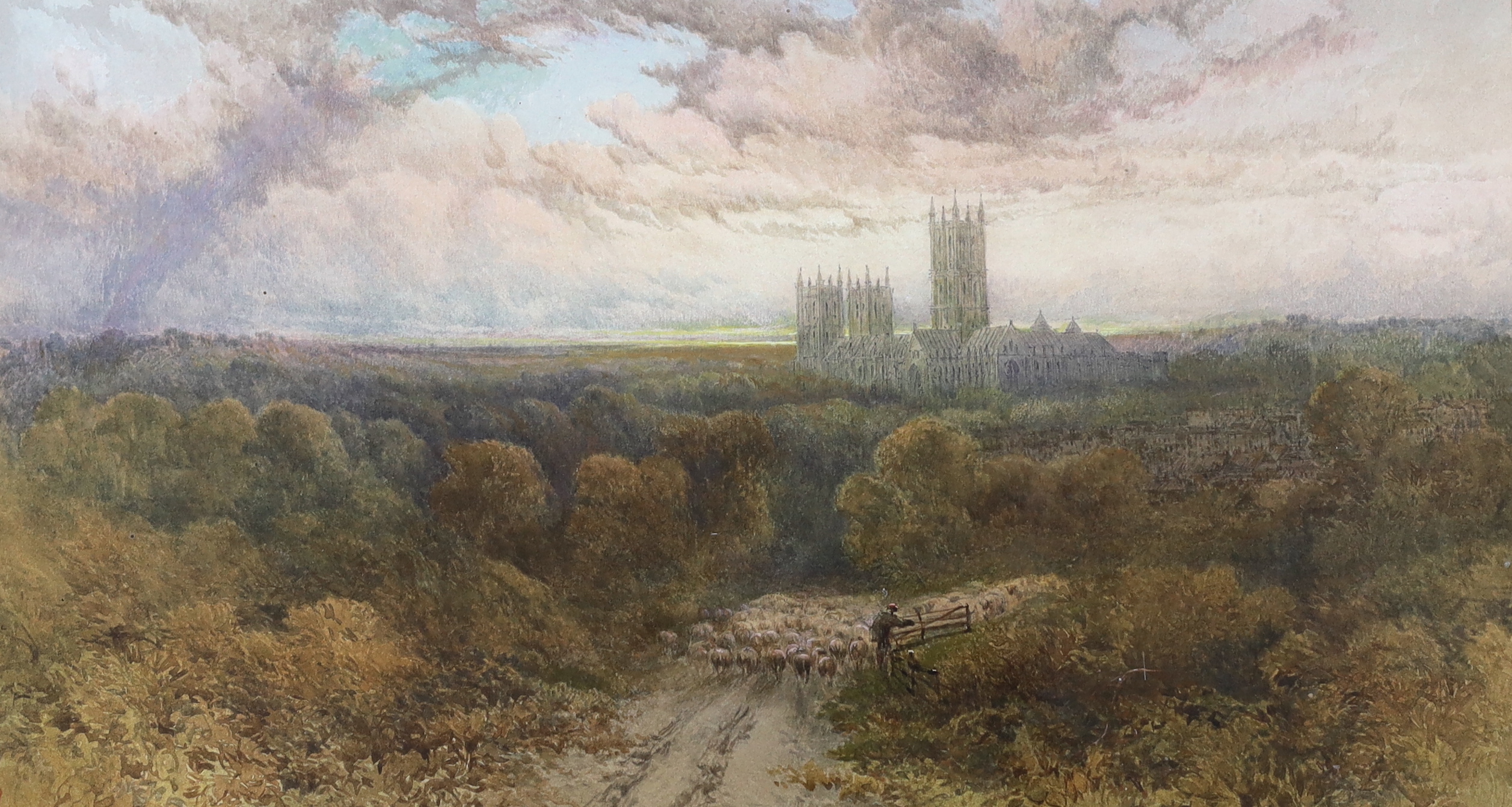 WSS, 19th century watercolour, Shepherd and flock with Canterbury cathedral in the distance, monogrammed, 27 x 48cm
